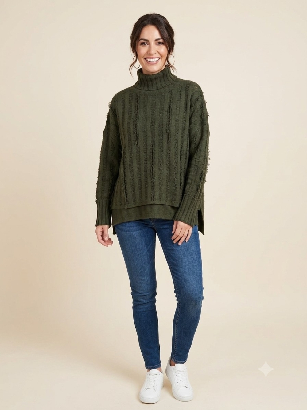 Gilli Olive Green Turtleneck Sweater - Textured Relaxed Fit